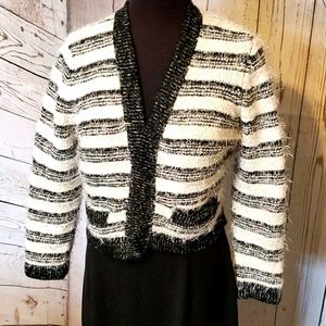 Calvin Klein black, white striped cropped eyelash cardigan Small